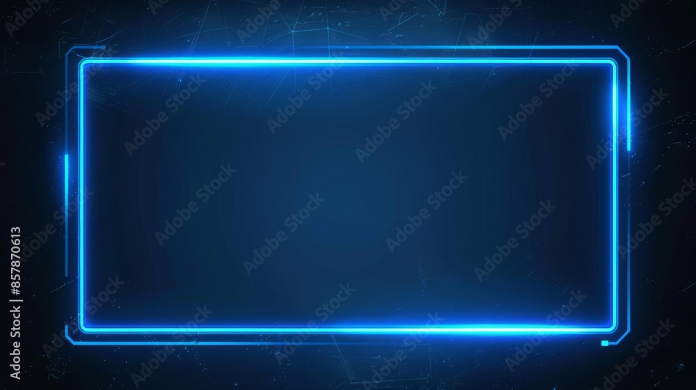 Poster luminous blue neon frame with led border. abstract rectangular tech billboard display. horizontal ni