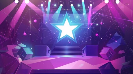 Cartoon illustration of empty talent show stage with neon lighting, jury vote signs on top, tv studio interior for live broadcast.