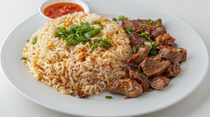 A plate of white rice topped with diced beef and green onions