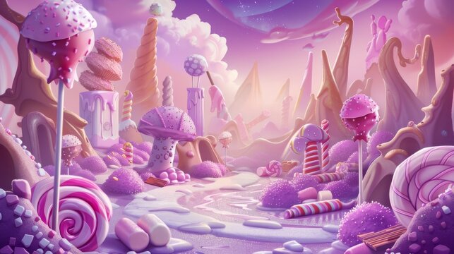 Imaginative sweet candy land game landscape. Cute cake and confectionery food with chocolate in dream scene panorama design. Lollipop dessert in a candy world with a road.