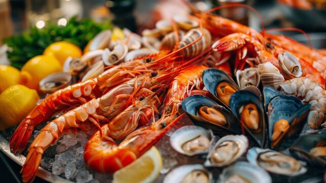 Fresh seafood and shellfish assortment on a seafood platter