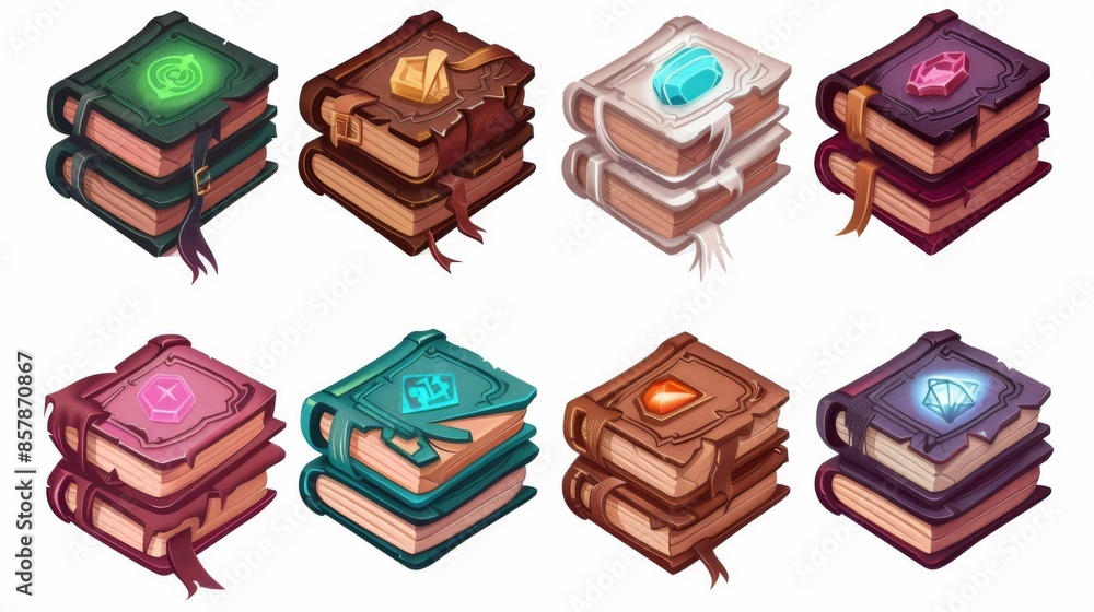 Poster ui icon of old open magic book for fantasy game ui. gothic wizard library set with old fairytales an