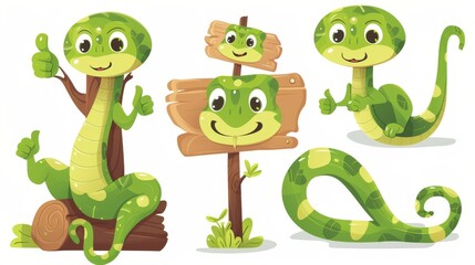 Fototapeta premium Animated cartoon illustration of adorable snake mascots hanging on a tree branch, sleeping in hats, showing like and dislike banners, angry, isolated on white background.