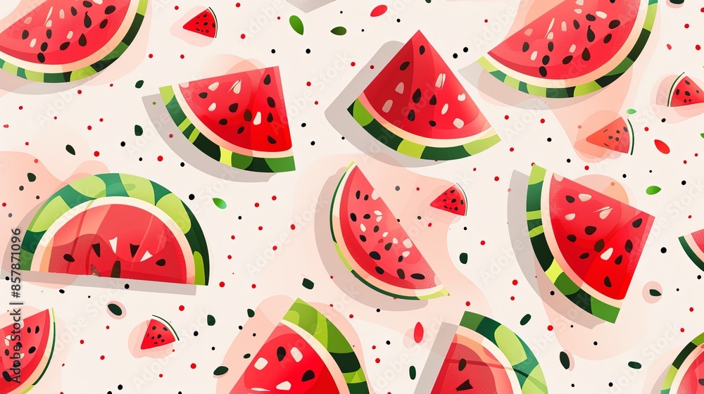 Aufkleber a vibrant and playful image featuring watermelon slices, seeds, and green rinds scattered on a light