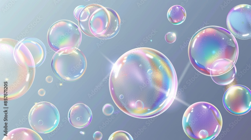 Poster a colorful set of soap bubbles with light reflection on an iridescent surface. modern realistic illu