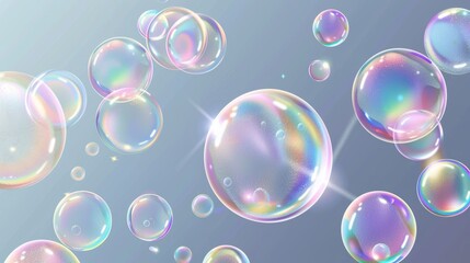 A colorful set of soap bubbles with light reflection on an iridescent surface. Modern realistic illustration suitable for a laundry or bathroom design.