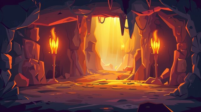 Game background with lava cave. Fantasy hell landscape with fire magma inside dungeon hole drawing cartoon illustration. Devil tunnel and molten land flowing river. Scary underground inferno world
