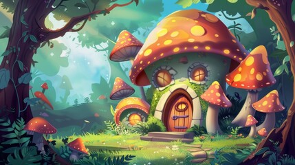 The fairytale village with tiny elf or animal houses made from mushrooms has doors and windows. The cartoon modern summer fantasy garden scene with fairy gnomes or hobbits has doors and windows.