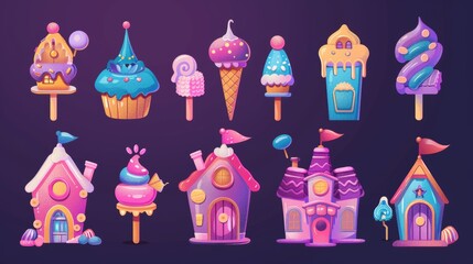 In a candy land house, there is a candy city building set isolated on a white background. There is also an icon illustration of a cute magic caramel dreamland world.