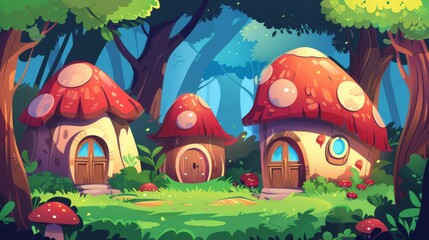This is a fantasy fairy tale village and house in summer forest. There is a cute mushroom cottage with gnomes. There is a small dwarf house in the woods with a window. It is an old medieval small