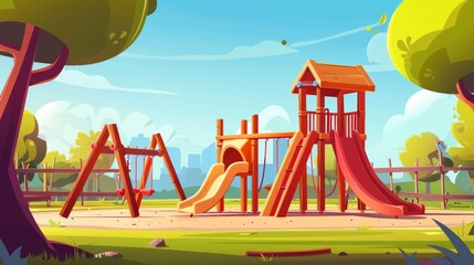 Fototapeta premium Kids playground with slides, sandboxes, and swings in sunny weather. Park, garden, or backyard, kindergarten field, Illustration modern.