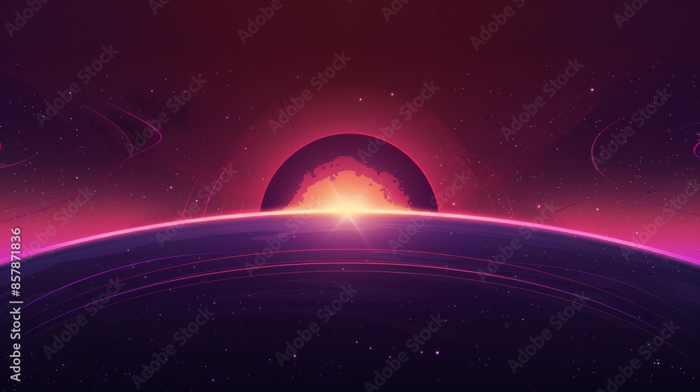 Canvas Prints a purple glow spreads across the planet's horizon, surrounded by rays and sparkles. realistic 3d mod