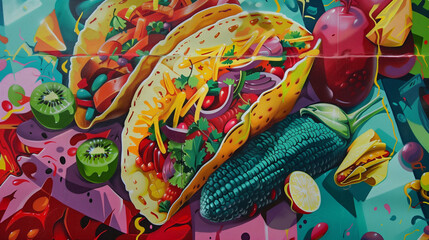 colorful street art mural featuring giant tacos, fresh vegetables, and fruits, showcasing vibrant and detailed Mexican cuisine