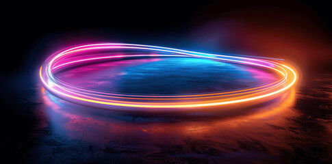 3D Neon Light Ring Render. Abstract Glowing Geometric Background in Pink and Blue on Black. Futuristic Minimalist Wallpaper with Reflection