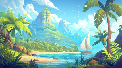 A tropical lagoon landscape depicting coconut palm trees, a pathway along the seashore, a boat on the beach, calm blue water, mountains, and a sunny sky with clouds. The scene was modeled in a