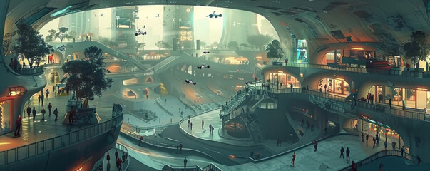 A city skatepark becomes an arena for competitions on hoverboards in a futuristic atmosphere.