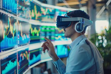 Businessman using VR headset to analyze financial data charts