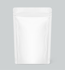 Realistic stand up pouch bag with zip lock mockup with transparent shadow. Front view. Vector illustration isolated on grey background. Ready for your design. EPS10.