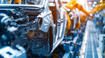 Robotic arms assembling car body in automotive industry