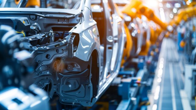 Robotic arms assembling car body in automotive industry