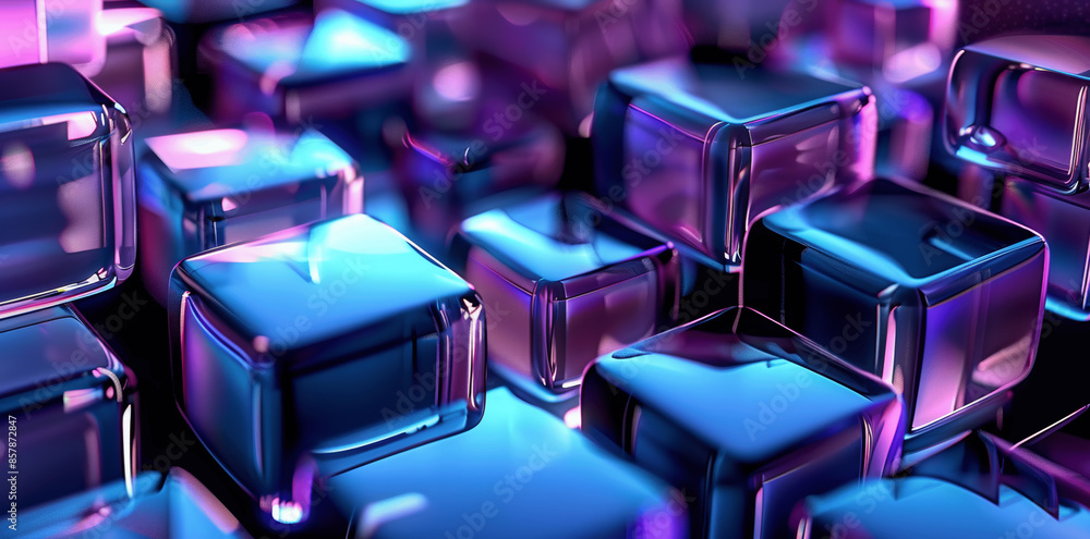 Poster luxury abstract geometric shapes with glass blocks and metallic elements, 3d render on dark backgrou