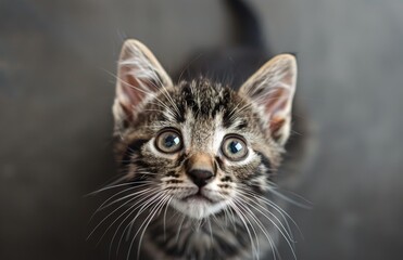 Obraz premium Close Up Of Tabby Kitten Looking Up With Curious Expression