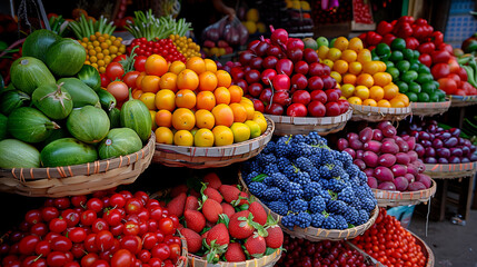 A vibrant display of colorful fruits and vegetables at an outdoor market, featuring baskets filled with strawberries, blueberries, watermelons, oranges, tomatoes, avocados, lemons, apples, and pineapp
