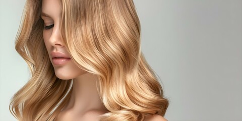 Naklejka premium Balayage Ombre Technique Blending Dark Roots to Light Ends on Woman's Hair. Concept Hair Coloring Techniques, Balayage Ombre, Dark Roots, Light Ends, Women's Hair