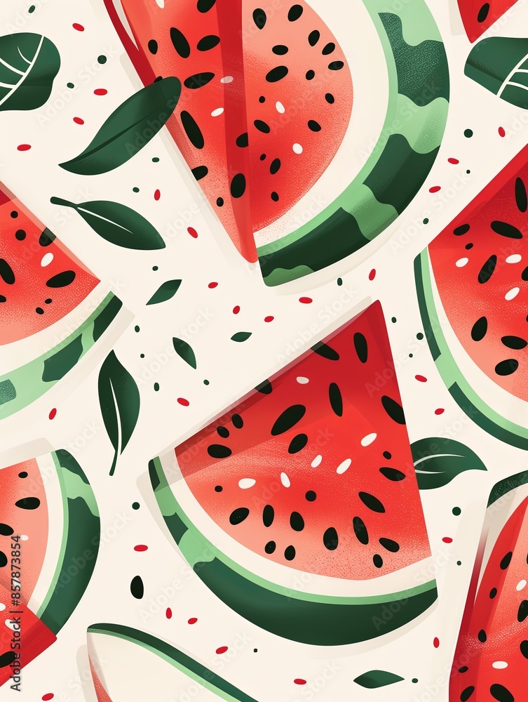 Aufkleber close-up photo of sliced watermelon with visible seeds and green rinds on a white background. genera