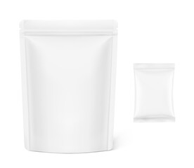 Realistic family stand up pouch bag mockup for mini pillow bags, sachets with shadow. Vector illustration isolated on white background. Easy to make a realistic mockup of your product. EPS10.