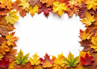 Frame of maple leaves on white table autumn background top view