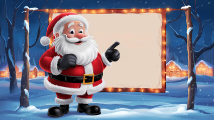 A cheerful and jolly Santa Claus is standing in front of a blank advertisement banner