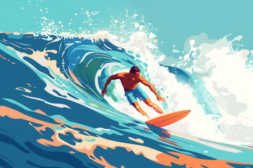 man playing Surfboard on sea background. Vintage tone color style. Generative ai