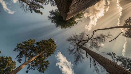 Low-angle shot of a vast, clear sky above, with a few towering trees