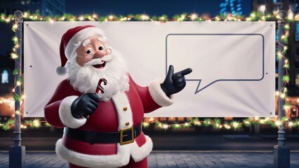 A joyful, animated Santa Claus is standing in front of a clean, blank advertisement banner