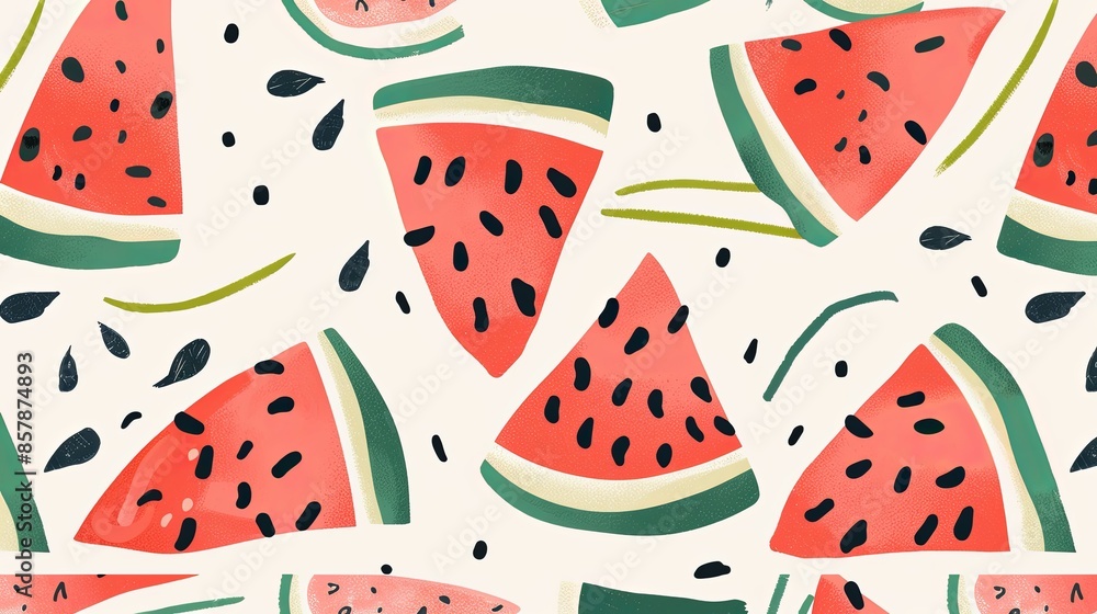 Aufkleber a pattern of watermelon slices, seeds, and green rinds on a light background. generative ai