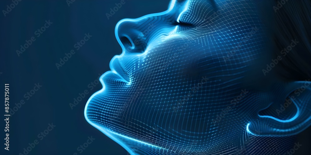 Poster glowing polygon face with digital sound wave pattern and space for text. concept polygon face, digit