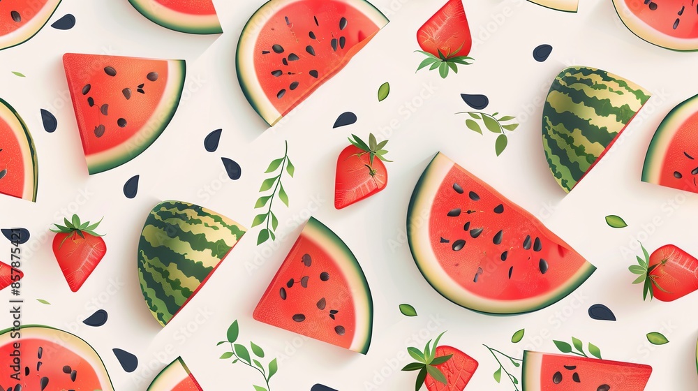 Poster a close-up image showcasing a pattern of fresh watermelon slices with green rinds and black seeds, a