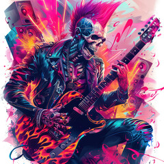 Vibrant Skull Guitarist Rocking Out, Skull Punk Rock Fantasy Art, For T-Shirt Design