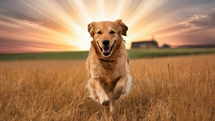 A golden retriever dog running through a golden field under a radiant sunset sky