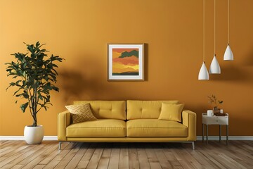 modern wall with a yellow sofa, wall and sofa