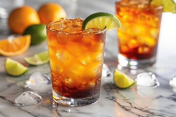 Fototapeta premium A dark and stormy cocktail in a tall glass with ginger beer, dark rum, and a lime wedge. 