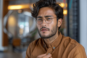 Obraz premium Young Arab Man with Chest Pain in Office, Coughing and Holding Heart