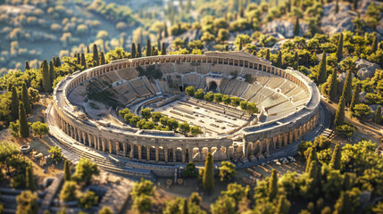 Ancient Greek stadium surrounded by laurel trees in a serene landscape