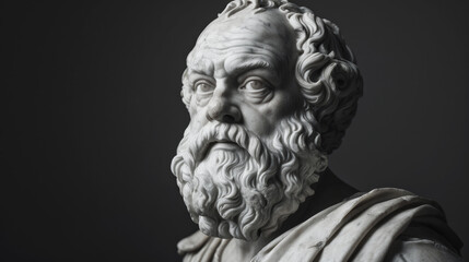 Classic portrait of a Greek philosopher statue against dark background