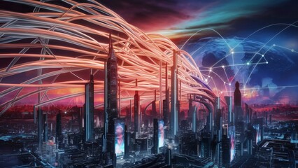 A futuristic city skyline, with towering buildings and intricate networks of glowing, pulsating cables that form a vast technology web