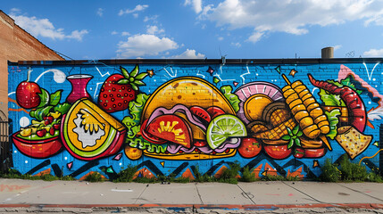 vibrant street art mural showcasing iconic Mexican foods with bold colors, featuring tacos, corn, fruits, and various vegetables