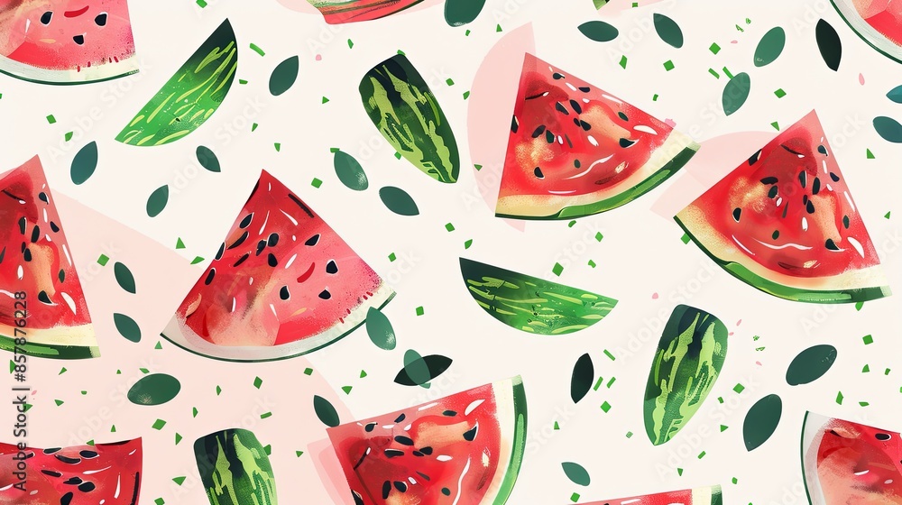 Aufkleber A close-up image of watermelon slices, rinds, and seeds arranged in a repeating pattern on a light background. Generative AI