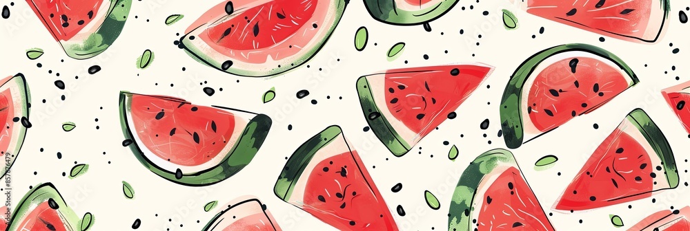 Poster a close-up image of watercolor painted watermelon slices on a light background. generative ai