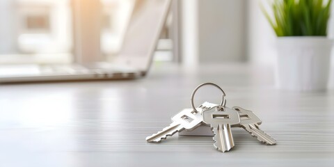 White house model keys on table in new apartment symbolizing homeownership. Concept Homeownership, Moving In, Real Estate Investment, New Beginnings, Property Ownership